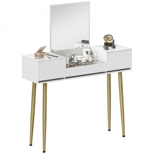 Tocador Elegante con Espejo Cuadrado y Cajones Organizadores 105,5x30x130,5 cm Blanco y Dorado [8]