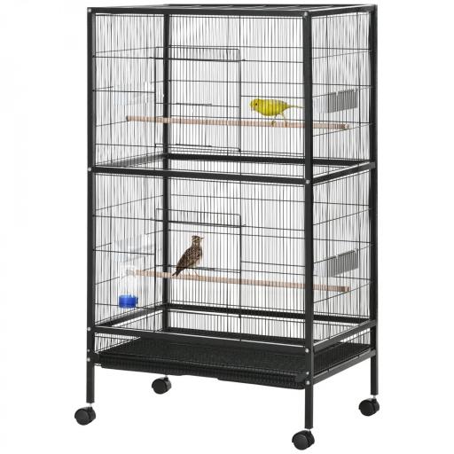 Jaula para Pájaros con 4 Ruedas Pajarera Metálica con Múltiples Puertas 4 Comederos Bebedero 2 Perchas 79x52x137cm Negro [8]