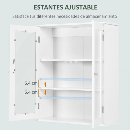 Armario de Pared Baño de 2 Puertas de Cristal Armario Colgante Multiusos para Cocina Salón con Estantes Interiores y Balda Ajustable 55x20x65 cm Blanco  [5]
