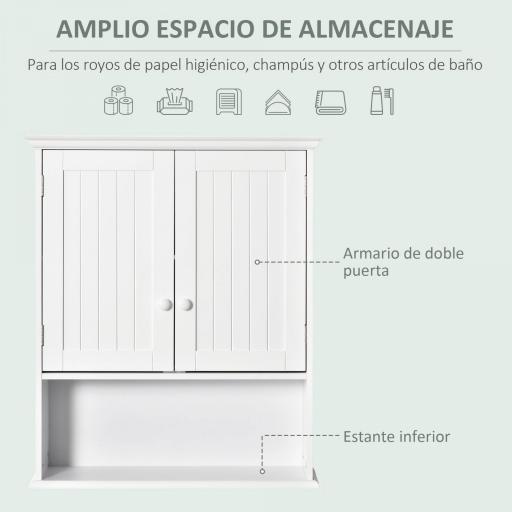 Armario Baño de Pared con 2 Puertas Estante Interior Ajustable y Compartimento Abierto Mueble Auxiliar Suspendido Multiusos para Cocina 60x20x70,5 cm Blanco [2]
