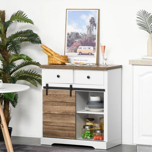 Mueble de Cocina con Puerta Corredera de Granero Botellero Cajones y Estantes para Comedor Salón 80x39x86 cm Blanco [0]