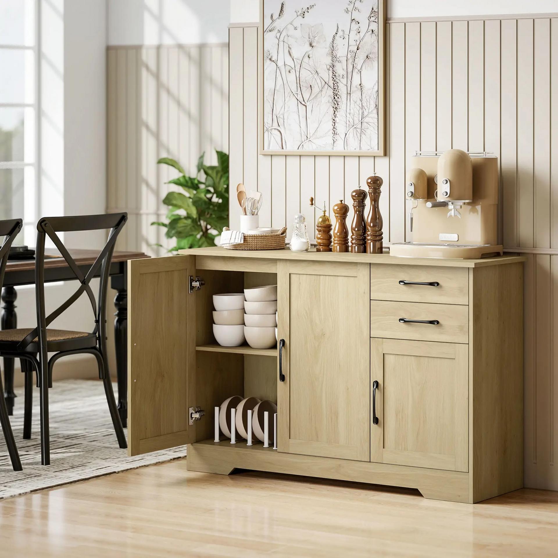 Aparador para Salón Moderno con 3 Puertas 2 Cajones Estante Ajustable para Comedor Entrada 120x38x79 cm Natural