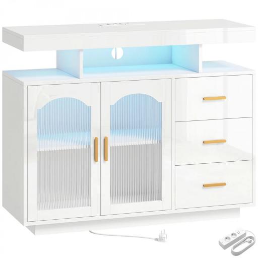 Aparador con LED RGB de 7 Colores Tomas Puertos USB 3 Cajones Estantes Abiertos 2 Puertas Blanco Brillante 100x35x80 cm [9]
