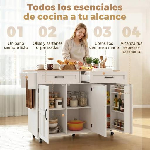 Isla de Cocina con Encimera Extensible Ruedas 2 Cajones 3 Armarios Estantes en la Puerta Toallero Blanco [6]