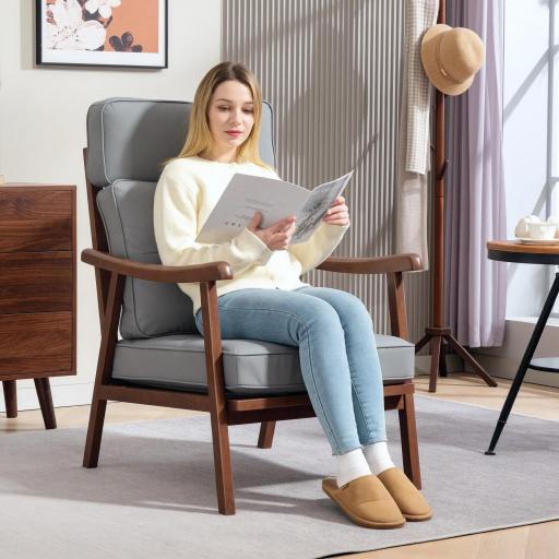 Sillón de Salón Tapizado en PU con Marco de Madera Cojines Acolchados Gruesos Gris y Madera Nogal