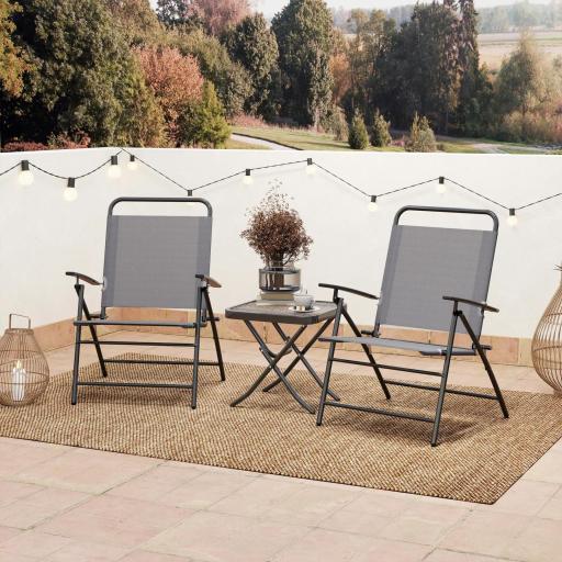 Conjunto de 3 Piezas Mesa con Encimera de Cristal y Sillas Plegables con Respaldo Regulable para Terraza Exterior Gris [4]