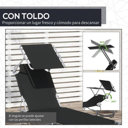 Tumbona de jardín Plegable con Toldo y Respaldo Reclinable para Jardín Terraza Acampada 187x58x36cm Negro [3]