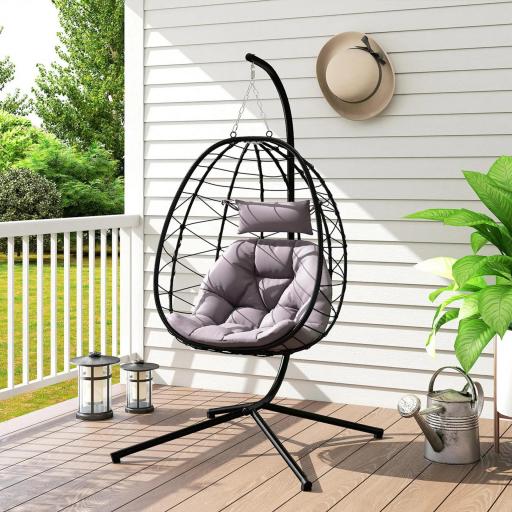 Silla Colgante Huevo con Soporte con Cesta Plegable Cojín y Reposacabezas para Interior y Exterior Carga 120 kg Gris [7]