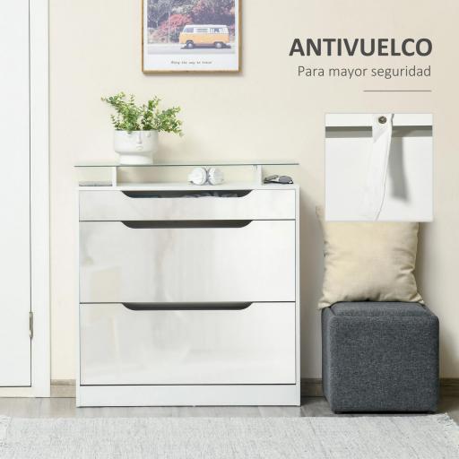 Mueble Zapatero de 2 Puertas Zapatero Estrecho para 16 Pares de Zapatos con Cajón Estante Abierto y Encimera de Vidrio para Pasillo Entrada 89x23x96 cm Blanco [3]