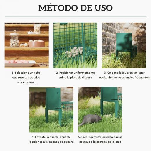 Trampa para Animales Vivos con Puerta Jaula de Captura Metálica con Asa para Conejos Visones Pequeños 60x18x20 cm Verde Oscuro [3]
