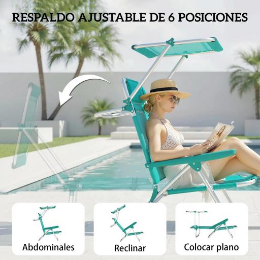 Juego de 2 Sillas de Playa Plegables con Dosel Ajustable Respaldo Reclinable en 6 Posiciones Reposacabezas Turquesa [3]