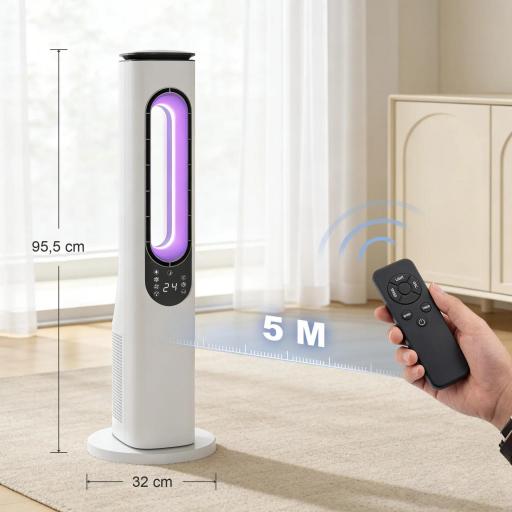 Ventilador de Torre sin Aspas con Luces LED Control Remoto 3 Velocidades 3 Modos Temporizador 15H Oscilación 50° Blanco [1]