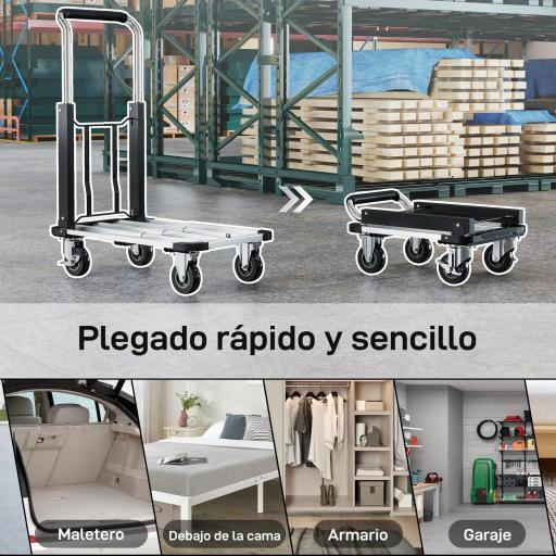 Carretilla de Mano Plegable de Aluminio Carga 150 kg con Ruedas Mango Ajustable y Plataforma Extensible Plata y Negro [5]