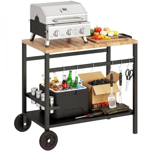 Carrito de Barbacoa de 2 Niveles Mesa Auxiliar para Barbacoa Móvil con Ruedas Portabebidas Ganchos Asa Negro y Marrón [9]