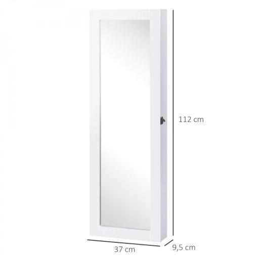 Espejo Joyero Colgante de Pared Armario de Joyería Organizador de Joyas con Ganchos y Ranuras para Collares para Dormitorio Salón 37x9,5x112 cm Blanco [1]