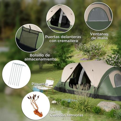 Tienda de Campaña Plegable con 2 Habitaciones y Bolsa de Transporte Impermeable 450x215x180 cm Verde Oliva y Marrón [6]