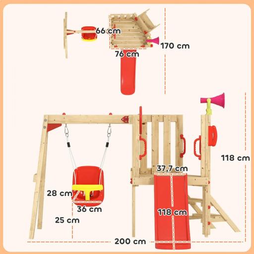 Parque Infantil Exterior de Madera con Columpio Tobogán Volante Bocina Teléfono para Patio Césped Rojo y Natural [1]