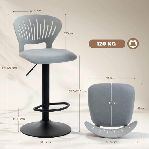 Juego de 2 Taburetes de Bar Giratorios en 360° Regulables en Altura de 84-105 cm Respaldo Hueco Reposapiés Gris [1]