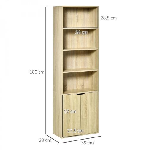 Estantería Librería Armario de Libros con 4 Compartimentos Abiertos y 2 Puertas para Salón Oficina 59x29x180 cm Natural [1]