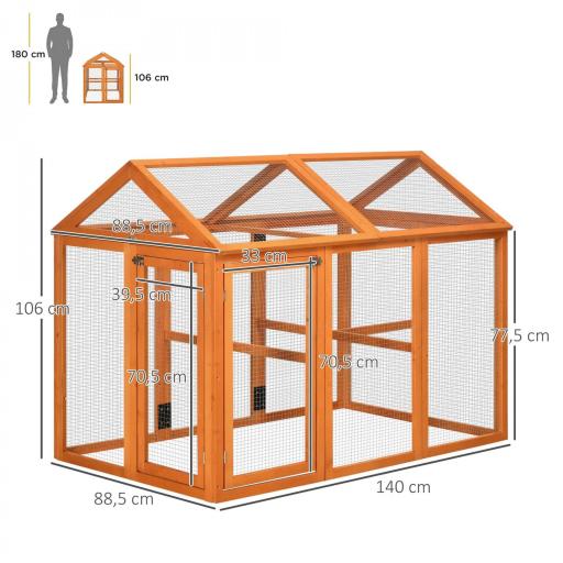 Gallinero para Exterior 140x88,5x106 cm con 3 Perchas Marco de Madera y 2 Puertas con Cierre Madera Natural [5]