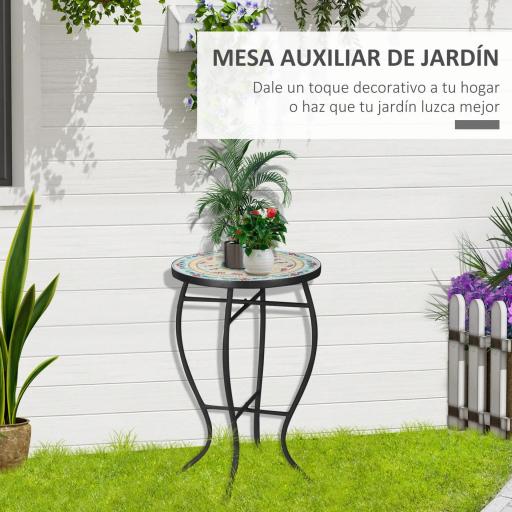 Mesa de Jardín Redonda Mesa Auxiliar de Mosaico con Patas de Metal para Patio Terraza Exterior Balcón Ø35,5x53,5 cm Turquesa [6]