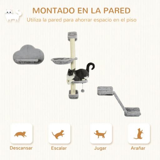 Juego de Pared de Escalada para Gatos de 3 Piezas con Hamaca Rampa con Rascador Plataforma en Forma de Nube Gris [5]