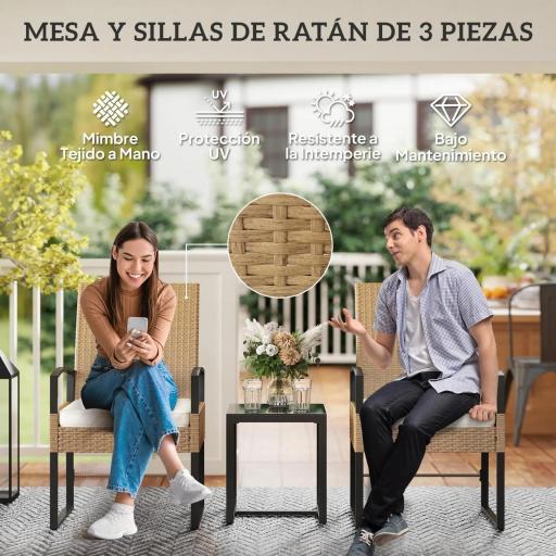 Conjunto de Jardín Exterior de Ratán de 3 Piezas con Respaldo Ajustable Cojines Acolchados y Encimera de Vidrio Beige [2]