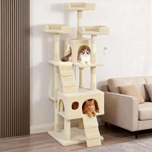 Árbol Rascador para Gatos Árbol para Gatos 153 cm con 2 Cuevas 3 Camas 2 Rampas Postes de Sisal Ratones Colgantes Crema