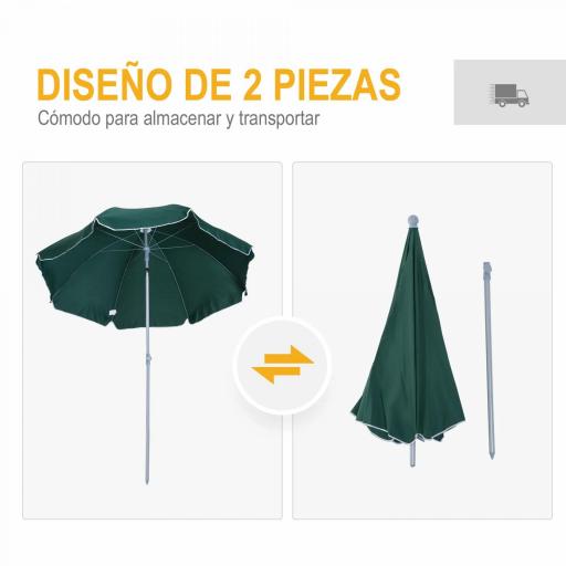 Sombrilla de Playa Diámetro de Ø202 cm con Techo Inclinable Poste Desmontable y Pincho Inferior para Jardín Verde [4]