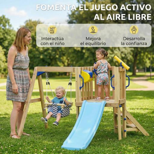 Columpio y Tobogán Infantil Exterior de Madera con Volante Telescopio para Niños de 18-48 Meses Madera Natural [4]