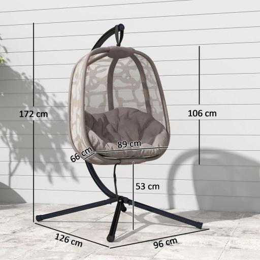 Silla Colgante con Soporte de Acero Sillón Colgante Hamaca con Cesta Plegable y Cojines para Interiores y Exterior Carga 120 kg 126x96x172 cm Marrón [1]