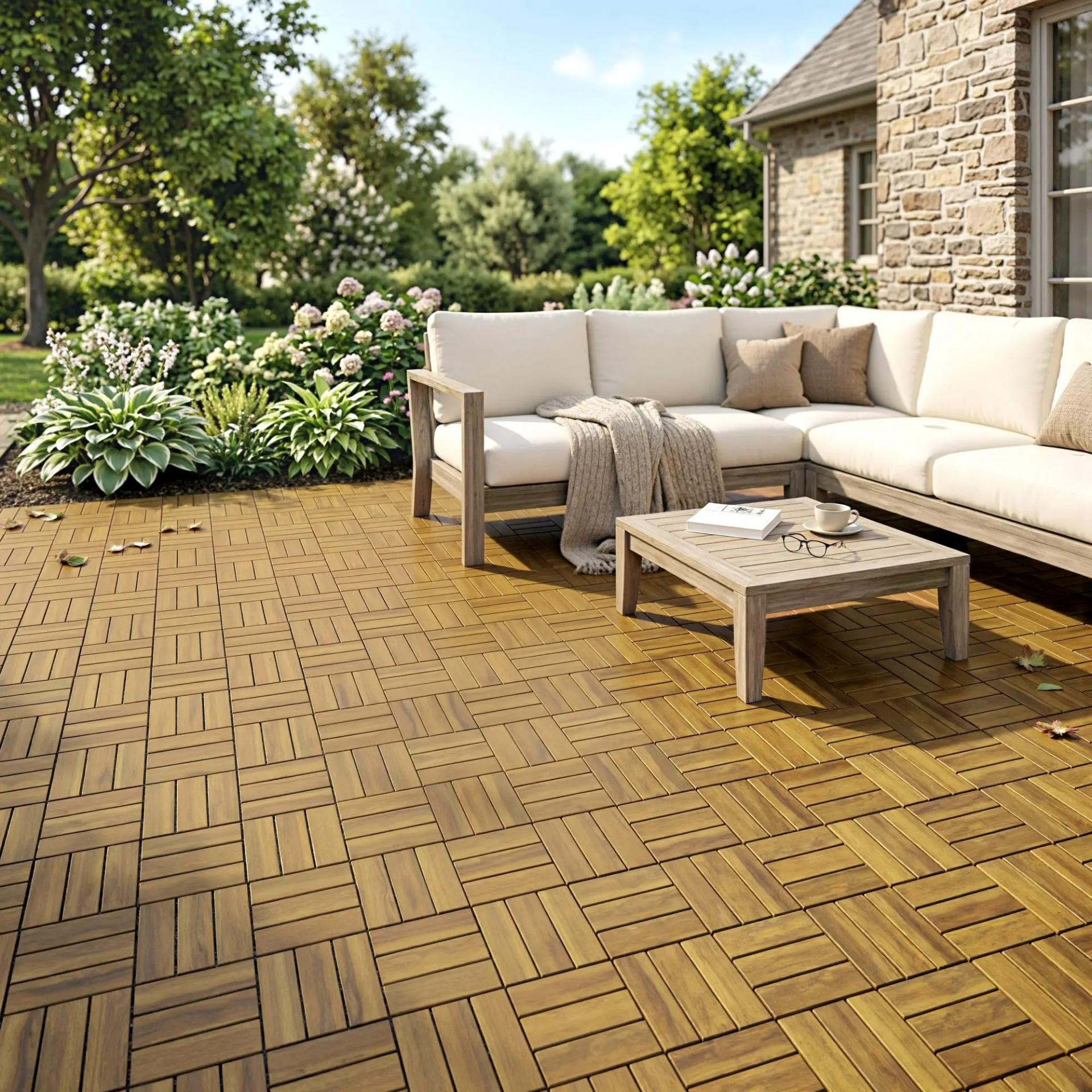 Set de 10 Piezas Baldosas de Exterior de Madera 31x31 cm 0,91 m² Suelo de Jardín Exterior Antideslizantes Natural