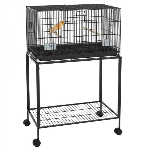 Jaula para Pájaros con Ruedas 77x46x119 cm Jaula Metálica para Aves con Bandeja Extraíble 2 Perchas 2 Comederos Negro [8]