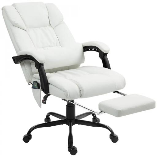 Silla de Oficina con Masaje de 6 Puntos Respaldo Alto Reclinable Altura Ajustable Reposapiés y Mando a Distancia Blanco [9]