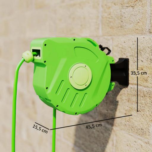 Carrete para Manguera 15M+1,5M Soporte Mural Portamanguera Roll-up Automático Giratorio 180° con Pistola de Pulverización Gran Alcance Base de Pared Conector de Manguera para Jardín Terraza [1]