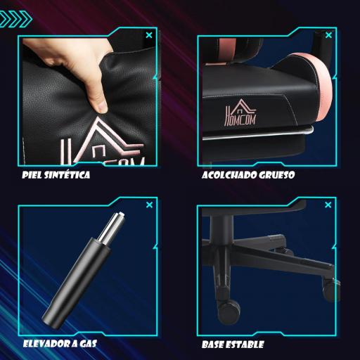 Silla Gamer Reclinable con Altura Ajustable Reposapiés Retráctil Soporte Lumbar y Reposacabezas Desmontable Negro [2]