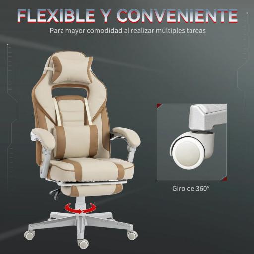 Silla Gamer Reclinable con Altura Ajustable Reposapiés Retráctil Soporte Lumbar y Reposacabezas Desmontable Crema [1]