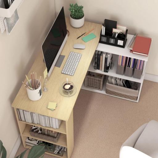 Escritorio en L con Estantería Mesa de Escritorio con Estantes para Oficina Estudio 120x110x74,5 cm Natural y Blanco [6]