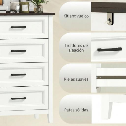 Cómoda Dormitorio Estrecho y Alto con Encimera Efecto Madera Cajonera para Espacios Pequeños 60x35x87 cm Blanco [6]