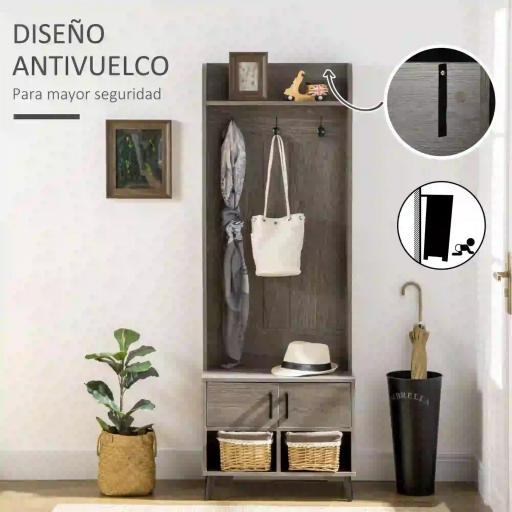 Perchero con Zapatero Perchero Entrada Recibidor con 3 Ganchos 2 Puertas 2 Compartimientos y Estante 60x34x170 cm Gris [3]