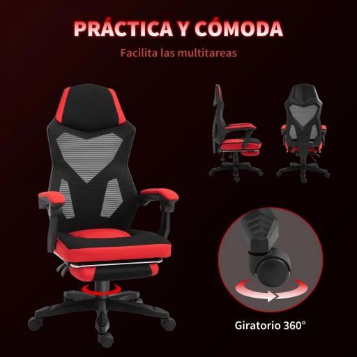 Silla de Oficina con Reposapiés Altura Regulable y Respaldo Reclinable 135° 58x63x112-122 cm Rojo y Negro [1]
