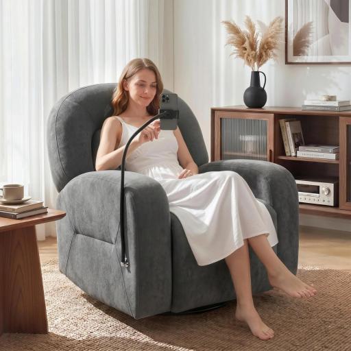 Sillón Relax Reclinable 3 en 1 con Función Mecedora Giratorio 360° Soporte para Teléfono Asiento Amplio Gris [2]