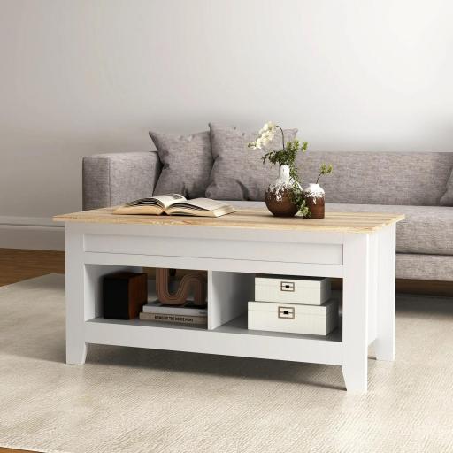 Mesa de Centro Elevable con Encimera Elevable y Espacio Oculto de Almacenaje 105x50x49 cm Blanco y Natural [6]