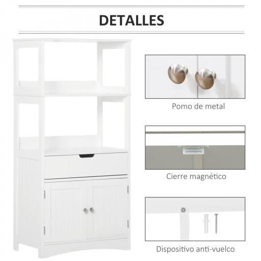 Armario de Baño con 3 Estantes Cajón y 2 Puertas Mueble de Almacenamiento de Suelo Moderno para Cocina Dormitorio Salón 60x33x122,5 cm Blanco [5]