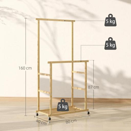 Perchero Colgador de Ropa de Bambú con Ruedas Estante para Zapatos 2 Barras para Colgar 80x40x160 cm Natural [1]
