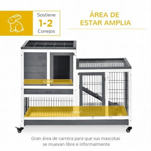 Conejera de Madera con Ruedas para Interior Jaula de 2 Pisos con Rampa y 2 Bandejas Extraíbles 110x50x88cm Gris [5]