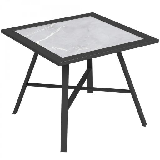 Mesa Auxiliar de Jardín con Encimera de Aspecto Piedra Gris y Estructura Negra 55x55x46 cm Mesita de Exterior Compacta [9]