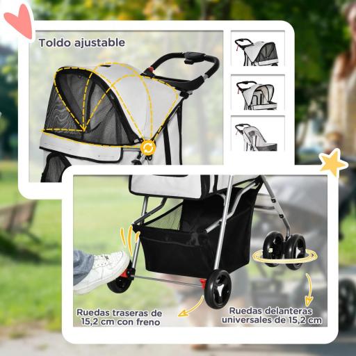 Carrito para Perros con Toldo Ajustable Cesta de Almacenaje y Ruedas con Freno Tela Oxford 77x45x99,5 cm Gris [3]