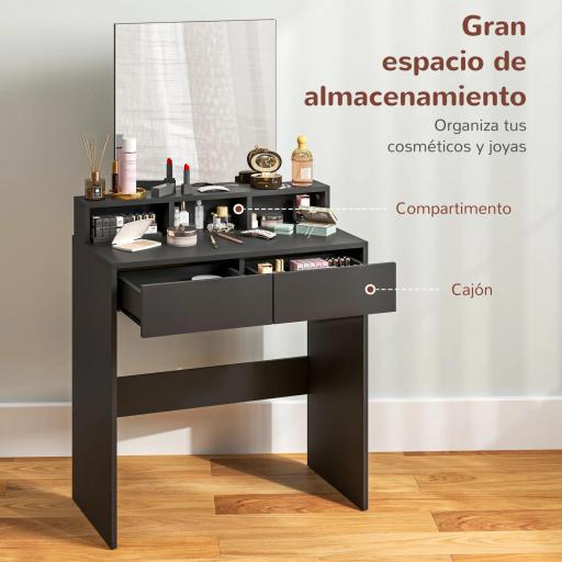 Mesa de Maquillaje con Espejo 2 Cajones 3 Compartimentos Tocador para Dormitorio 75x38x135 cm Negro [2]