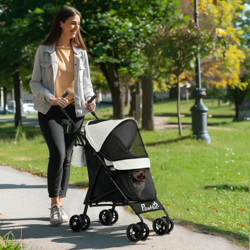 Cochecito para Perros Pequeños con Estructura de Paraguas con Cojín Lavable Portavaso Ventanas de Malla y Bolsa Crema